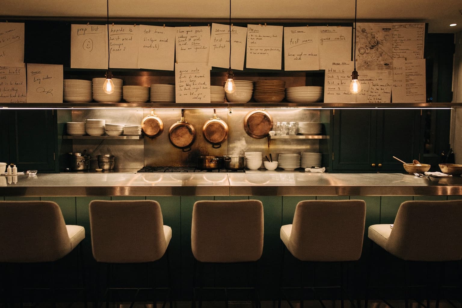 The development kitchen at night, six stools at the pass