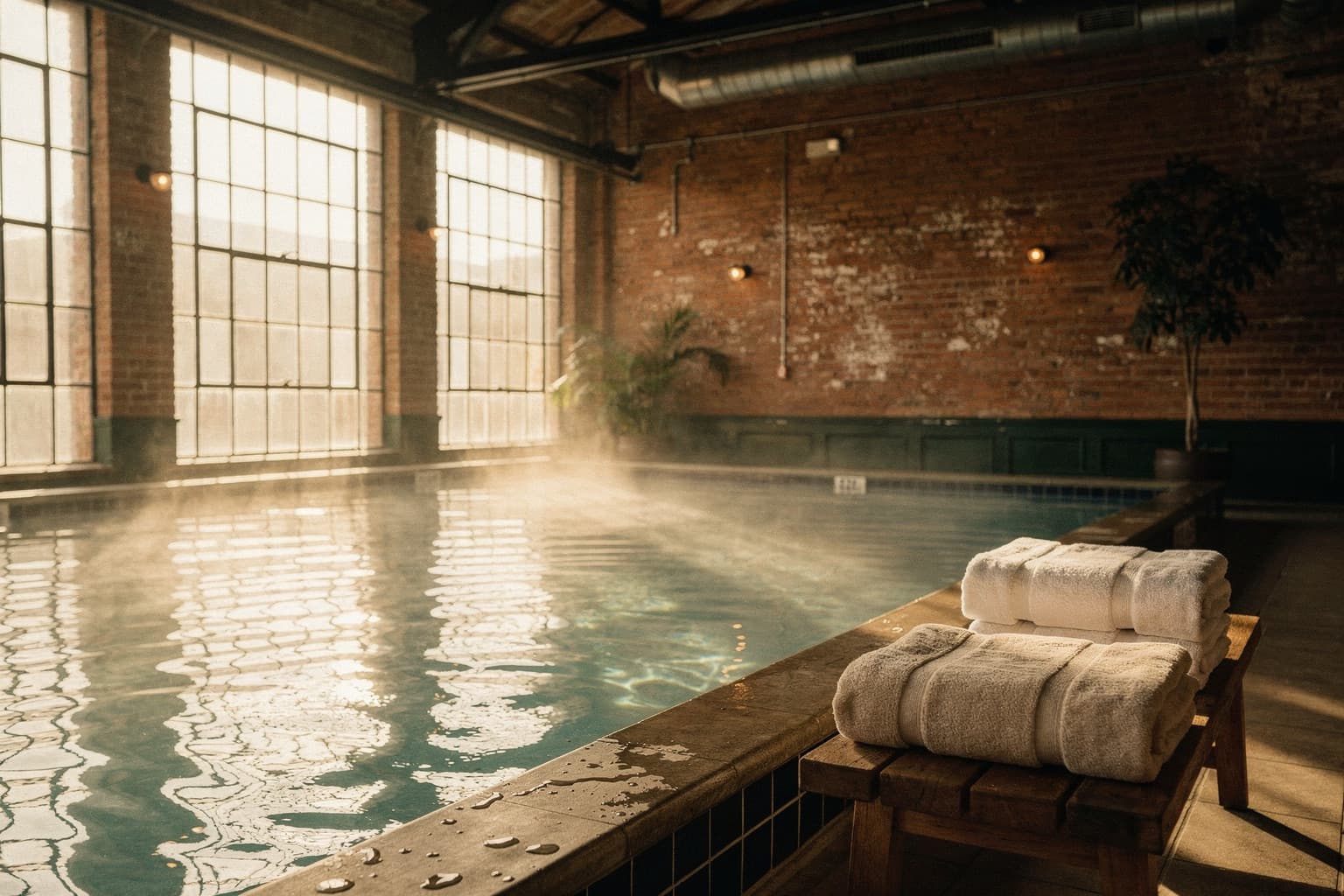 The thermal pool inside the converted machine shop, steam rising