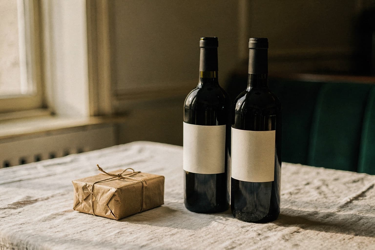Two estate bottles and a wrapped release on linen