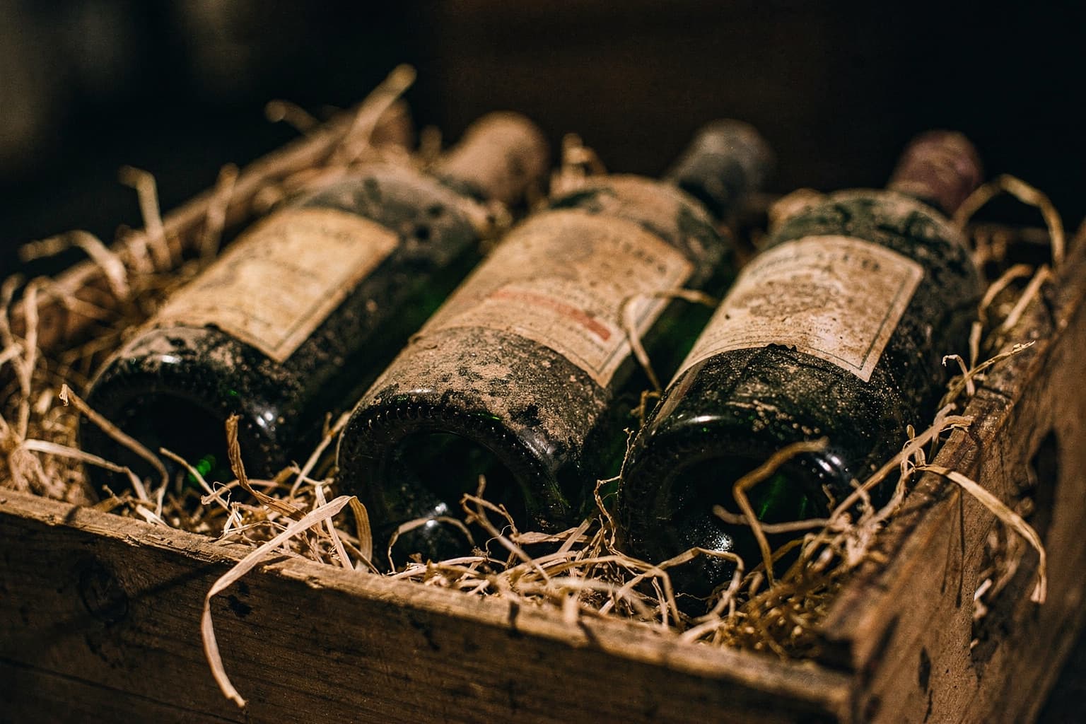 Aged library bottles resting in a wooden case